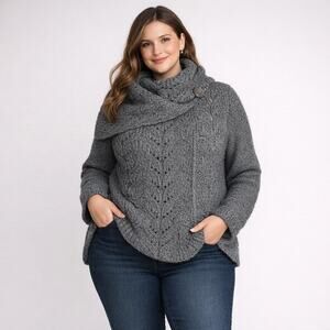 Maine New England Chunky Cable Knit Cowl Neck Sweater Button Shoulder 20